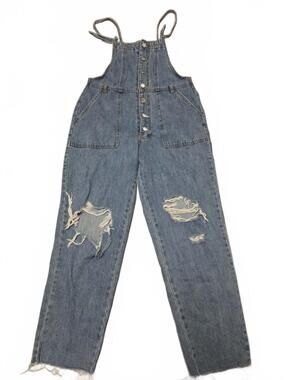 Forever 21 Medium Blue Denim Distressed Overalls
